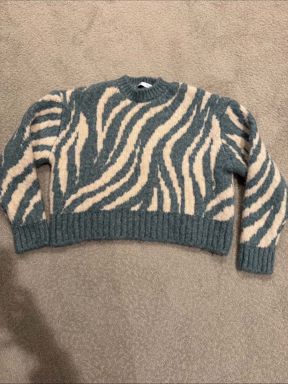 Zara Teal and Cream Zebra-Pattern Crewneck Sweater